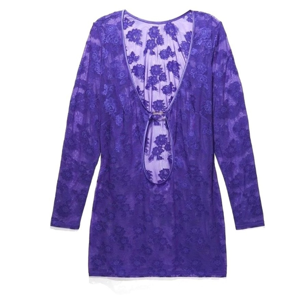 Savage X Fenty Strap Up Long-Sleeve Lace Slip Purple Sheer Floral Mini Dress XL